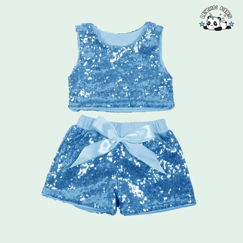 LEZONKIDS - Conjunto de shorts e colete sem mangas com lantejoulas para meninas no verão, roupa de bebê
